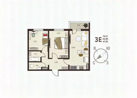 2-к кв. Курская область, Курск ул. Энгельса, 115/6 (47.6 м)