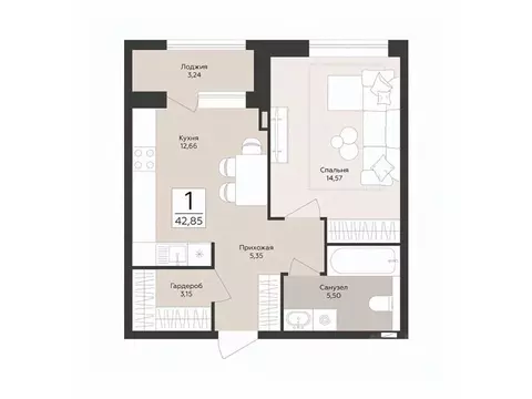 1-к кв. Воронежская область, Воронеж Эклипс жилой комплекс (42.85 м)