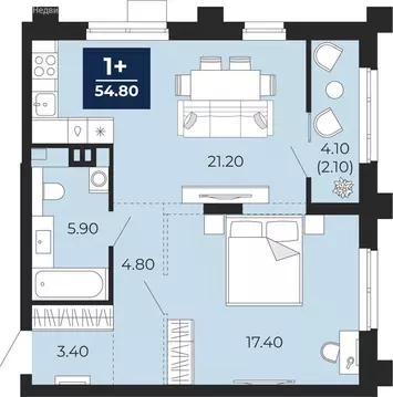 1-комнатная квартира: Тюмень, улица Пожарных и Спасателей, 1 (54.8 м)