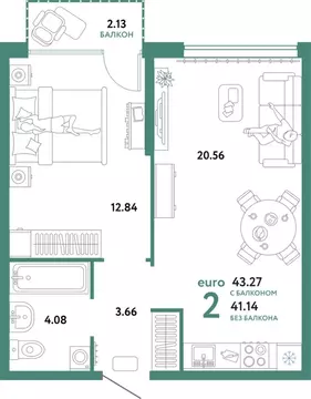 2-к кв. Тюменская область, Тюмень ул. 50 лет Октября, 63к2 (43.27 м)