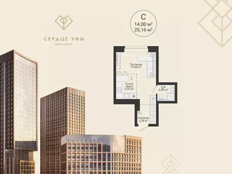 Студия Башкортостан, Уфа Сердце Уфы жилой комплекс (25.16 м)
