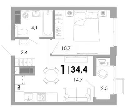 1-к кв. Владимирская область, Владимир Уно жилой комплекс (34.4 м)