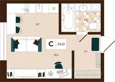 Студия Тульская область, Тула ул. Академика Насоновой, 3 (24.0 м)
