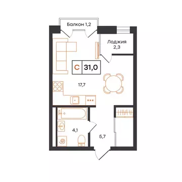 Квартира-студия: Тюмень, ЖК UNO (31 м)