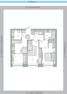 2-к кв. Самарская область, Самара ул. Ново-Садовая (дублер) (56.6 м)