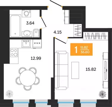 1-к кв. Башкортостан, Уфа ул. Султанова, 28 (36.6 м)