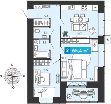 2-комнатная квартира: Засечное, микрорайон Город Спутник (65.4 м)