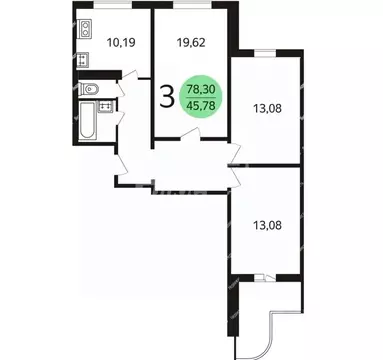 Квартира, 3 комнаты, 78.3 м