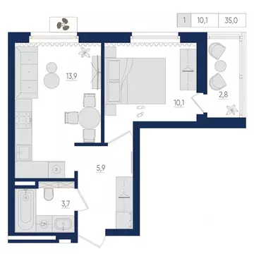 1-к кв. Башкортостан, Уфа ул. Евгения Столярова, 13 (35.0 м)