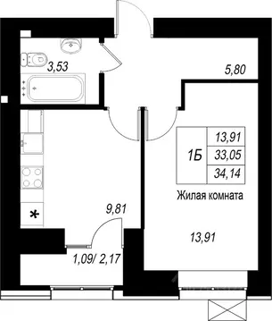 1-к кв. Татарстан, Казань Династия жилой комплекс (34.14 м)