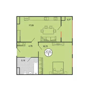 1-к кв. Ставропольский край, Ставрополь № 15 мкр,  (47.02 м)