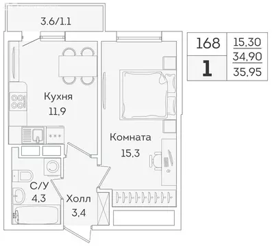 1-комнатная квартира: Мурино, Графская улица, 6к3 (34.9 м)