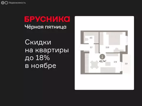 1-комнатная квартира: Новоселье, ЖК Брусника (43.7 м)