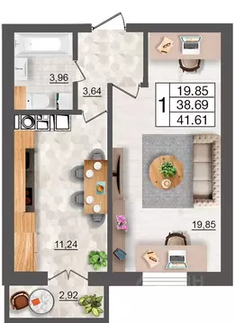 1-к кв. Смоленская область, Смоленск Максимум жилой комплекс (41.61 м)