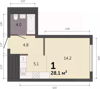Студия Свердловская область, Екатеринбург Южный жилрайон,  (28.1 м)