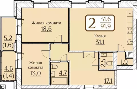 2-к кв. Чувашия, Чебоксары ул. Дегтярева, 15к1 (91.9 м)