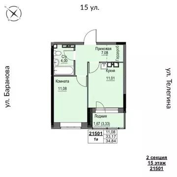 1-к кв. Удмуртия, Ижевск 15-я ул., 13 (34.84 м)