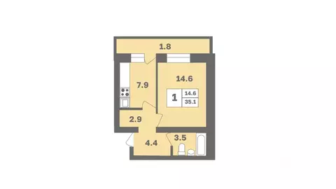 1-к кв. Башкортостан, Уфа Дагестанская ул., лит12 (35.1 м)