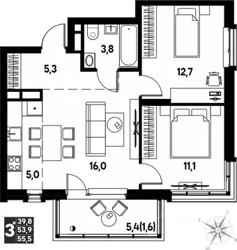 Студия Пермский край, д. Кондратово просп. Дягилева, 2 (55.5 м)