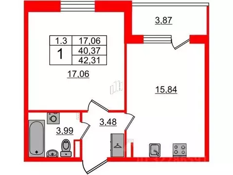 1-к кв. Санкт-Петербург Пулковское ш., 99к6 (40.37 м)