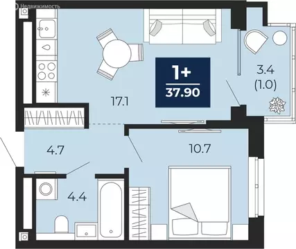 1-комнатная квартира: Тюмень, проезд Капитана Куликова, 5 (40.3 м)