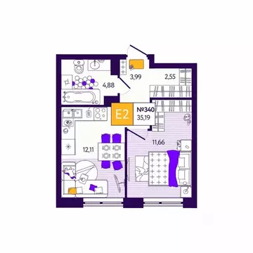 1-к кв. Тульская область, Тула Все и Сразу жилой комплекс (35.19 м)