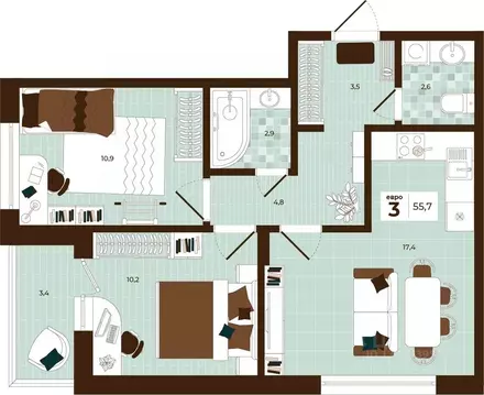 3-к кв. Тульская область, Тула ул. Академика Насоновой, 3 (55.7 м)