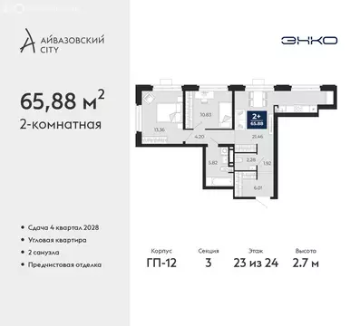 2-комнатная квартира: Тюмень, ЖК Айвазовский Сити (65.88 м)