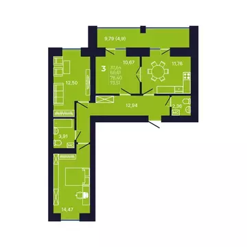 3-комнатная квартира: Уфа, улица Михаила Зайцева, 8 (73.6 м)
