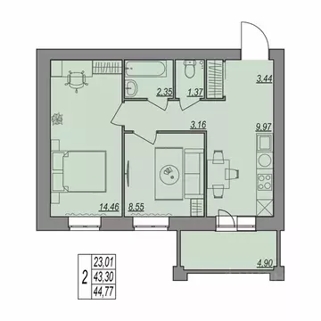 2-к кв. Волгоградская область, Волгоград Типографская ул., 83 (44.77 ...