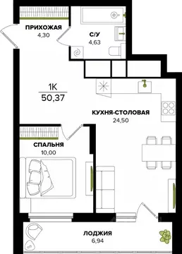 1-к кв. Тульская область, Тула  (50.37 м)