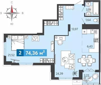 2-комнатная квартира: Засечное, Прибрежный бульвар, 5 (74.36 м)
