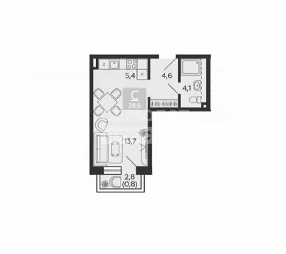 Квартира, студия, 28.6 м