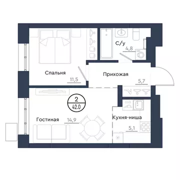 2-к кв. Красноярский край, Красноярск Чижи жилой комплекс (42.0 м)