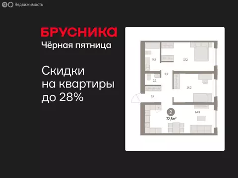 2-комнатная квартира: Екатеринбург, улица Гастелло, 18 (72.8 м)