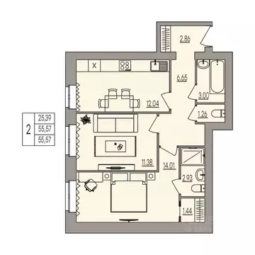 2-к кв. Волгоградская область, Волгоград ул. Землячки, 84 (55.57 м)