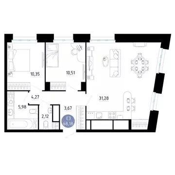 2-к кв. Рязанская область, Рязань ул. Ленинского Комсомола (68.18 м)