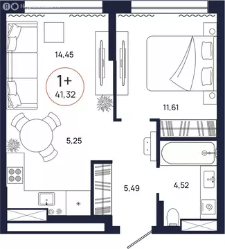 1-комнатная квартира: Тюмень, улица Владислава Крапивина, 9 (41.32 м)