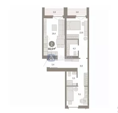 2-к кв. Тюменская область, Тюмень ул. Республики, 205к2 (66.57 м)