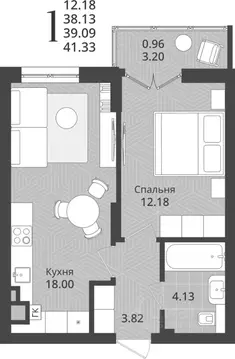 1-к кв. Калининградская область, Калининград Осенняя ул., 34 (39.09 м)