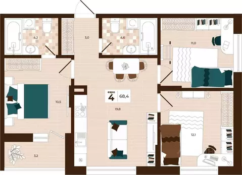 4-к кв. Тульская область, Тула ул. Академика Насоновой, 3 (68.4 м)