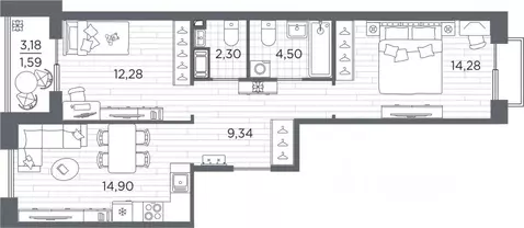2-к кв. Санкт-Петербург Полюстровский просп., 87 (59.19 м)