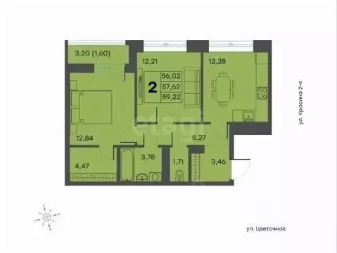 2-к кв. Тверская область, Тверь ул. 2-я Красина, 64 (59.2 м)