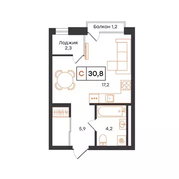 Квартира-студия: Тюмень, ЖК UNO (30.8 м)