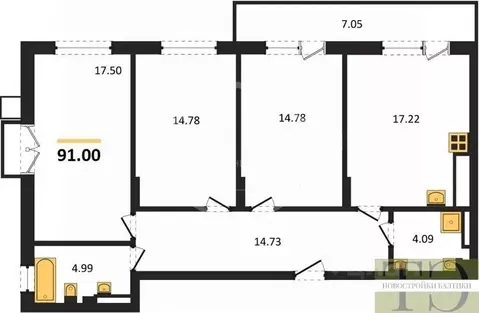 3-к кв. Калининградская область, Гурьевский муниципальный округ, пос. ...