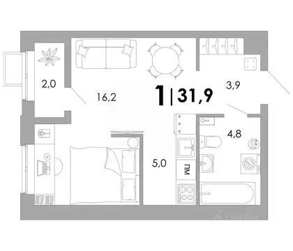 Студия Владимирская область, Владимир Уно жилой комплекс (31.9 м)