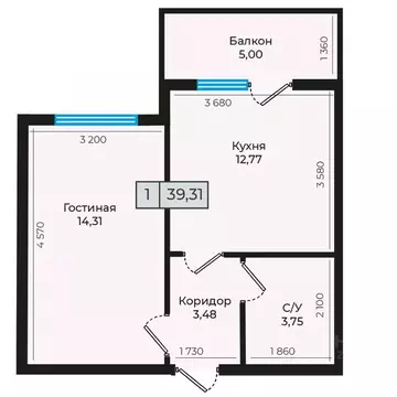 1-к кв. Ставропольский край, Невинномысск ул. Дунаевского, 11Г (39.31 ...