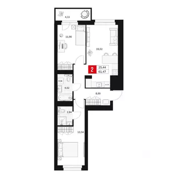 2-к кв. Башкортостан, Уфа ул. Большая Московская, 11 (61.47 м)