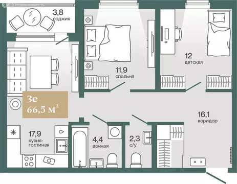 2-комнатная квартира: Тюмень, улица Игоря Комиссарова, 21 (66.51 м)