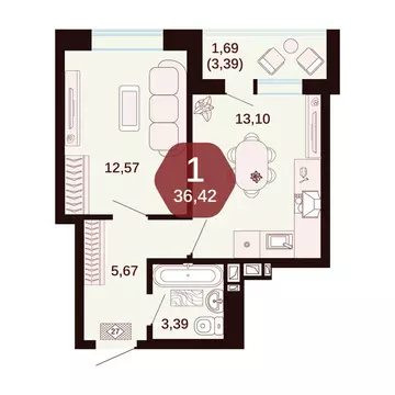 1-комнатная квартира: Ростовская область, Аксай (36.42 м)